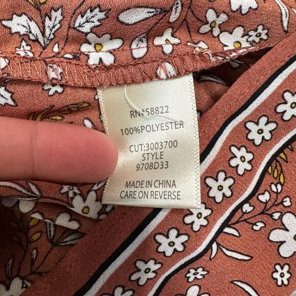 Max Studio Orange Terracotta Crepe Pleated Top Womens Large Long Sleeve Floral - Picture 7 of 7